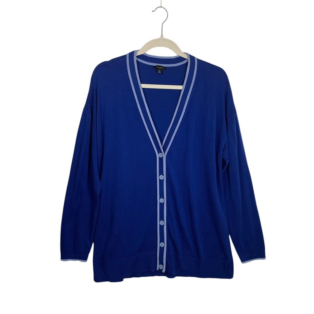 Talbots Cardigan XL Blue V-Neck Contrast Trim Preppy Lightweight Sweater